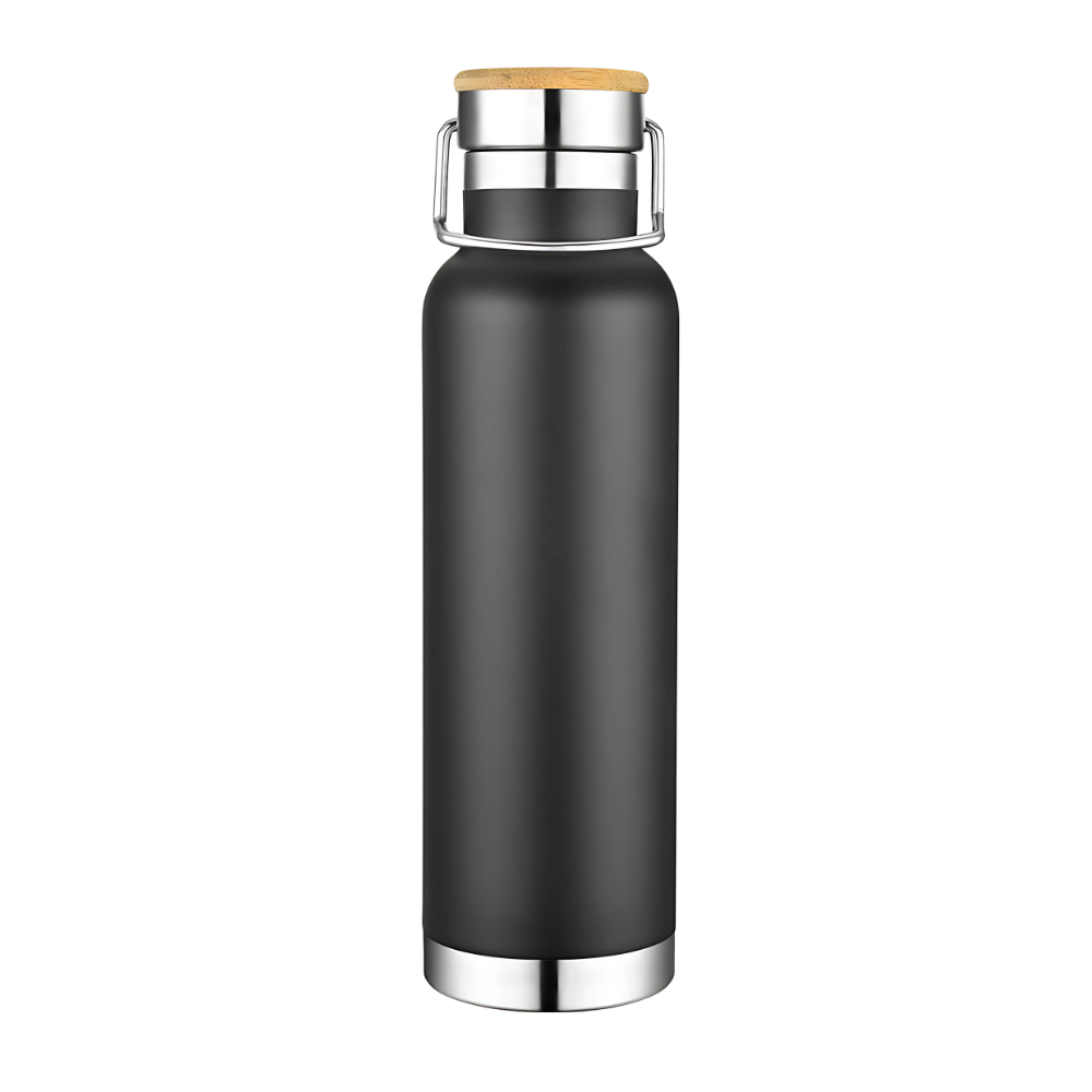 20 oz Stainless Steel Double Wall Bottle with Bamboo Lid Black